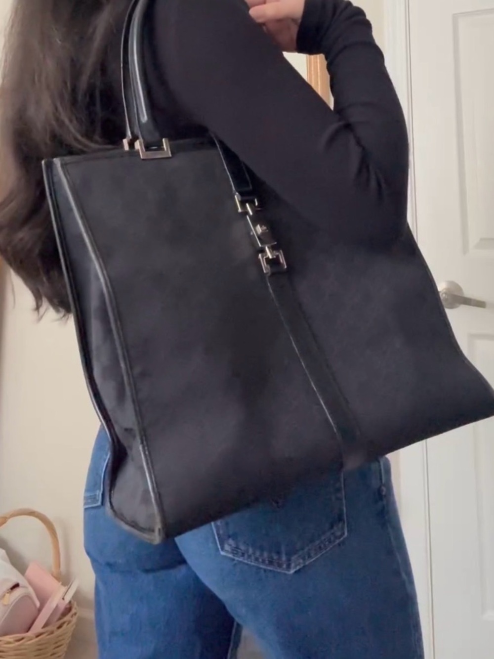 Gucci Black GG Canvas Tote with Leather Strap and Silver-Tone Hardware - Picture 9 of 9